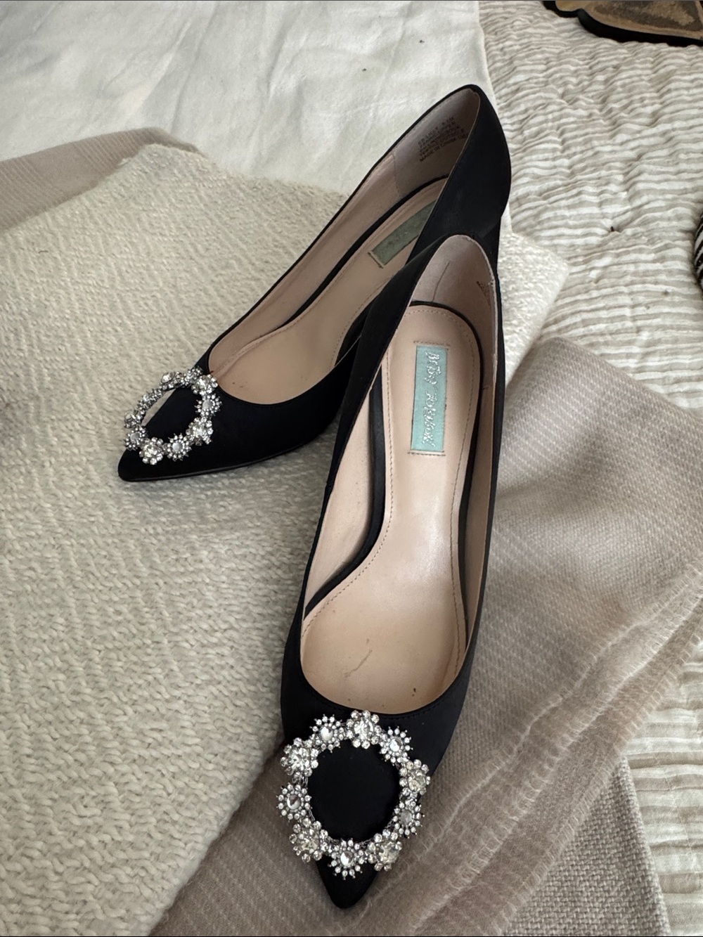 Betsey Johnson Black Pointed Toe Pumps with Crystal Floral Buckle
